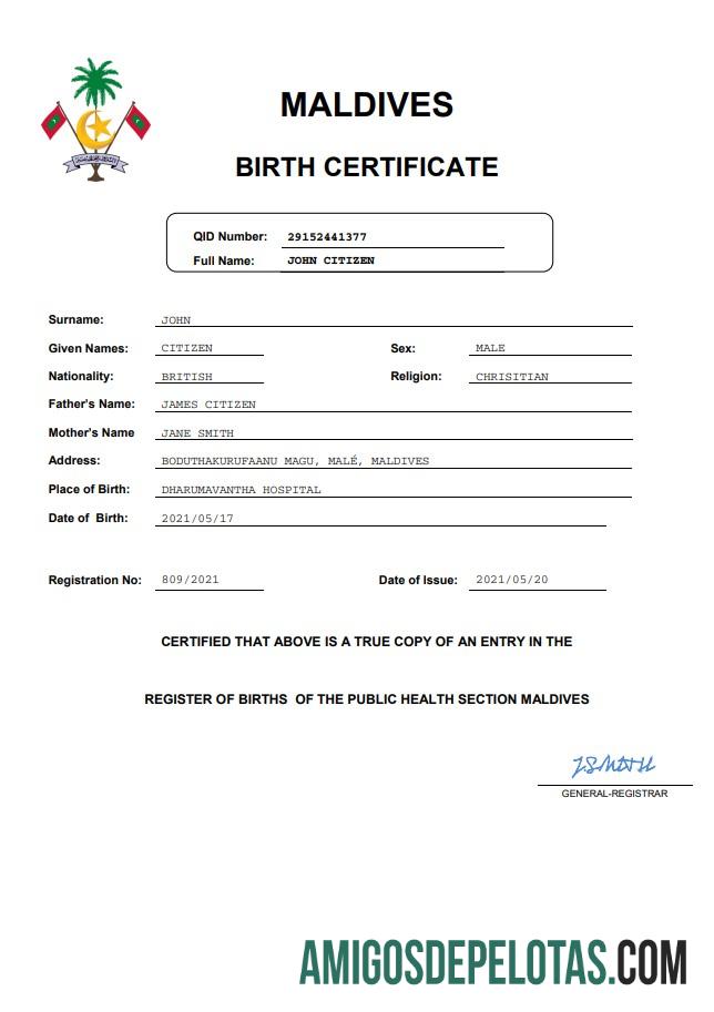 Em branco modelo Word e PDF de certidão de nascimento das Maldivas